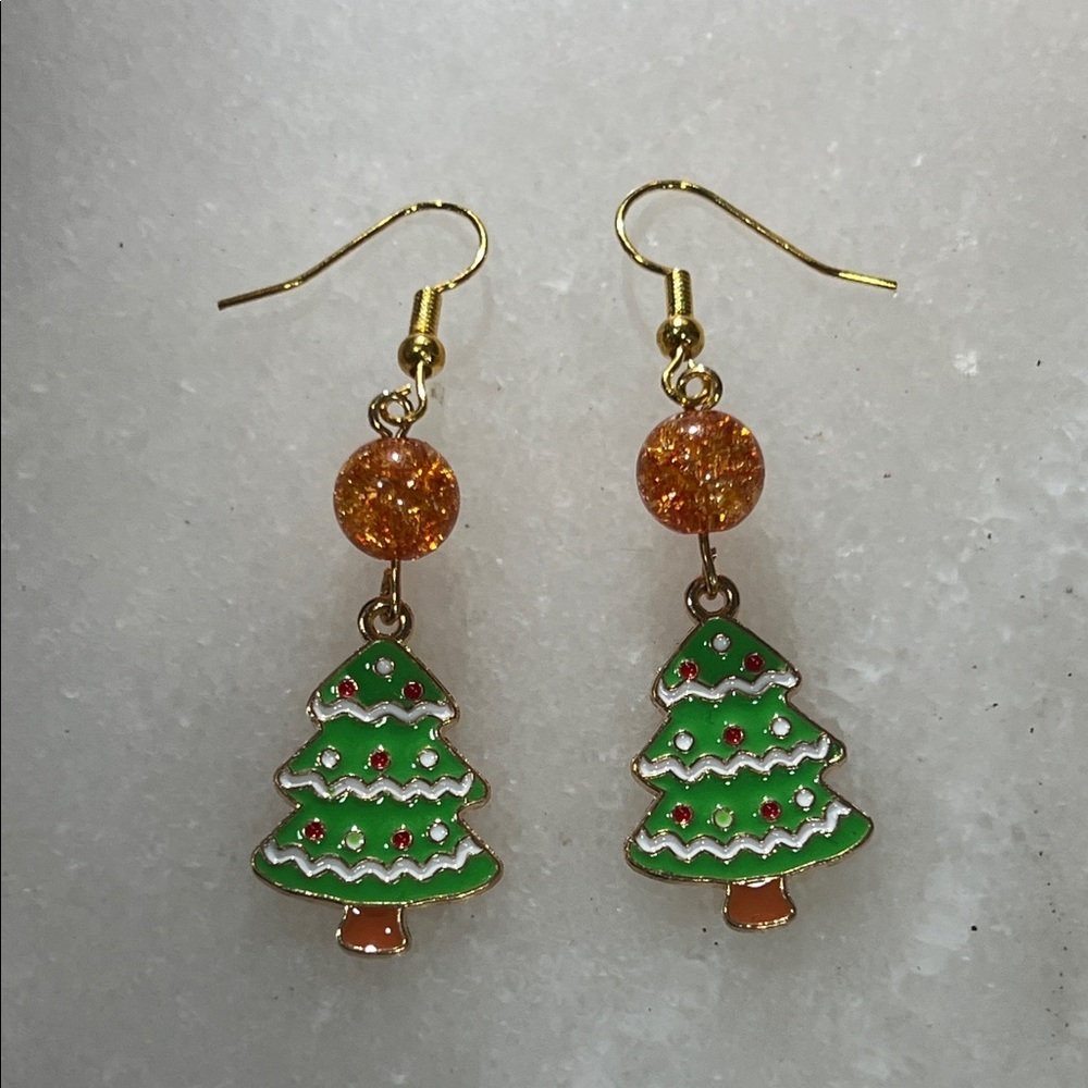 Holiday Tree Earrings with Gold and Green Accents